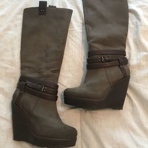 Vegan leather wedge knee high boots